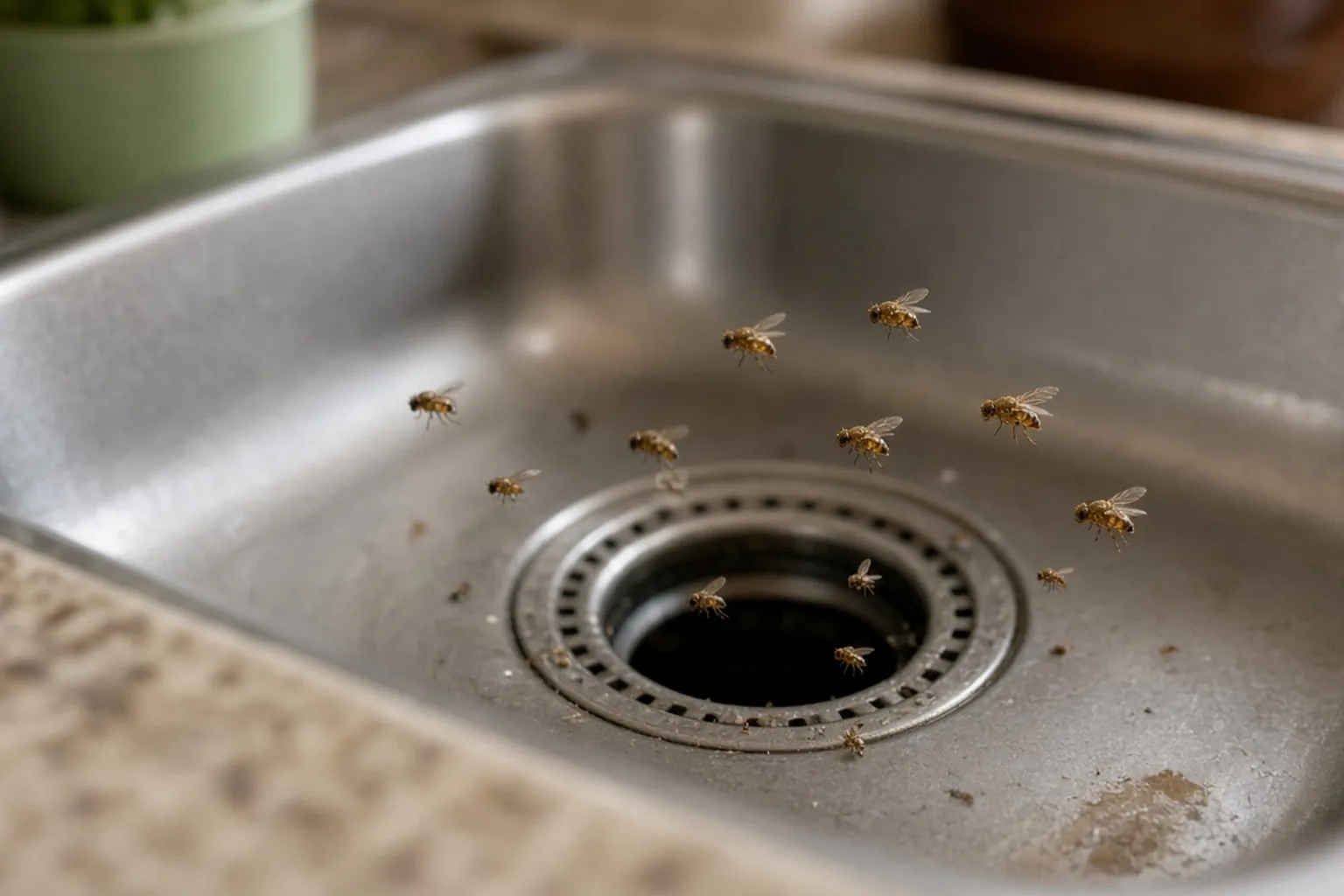 Fruit flies above a kitchen sink drain