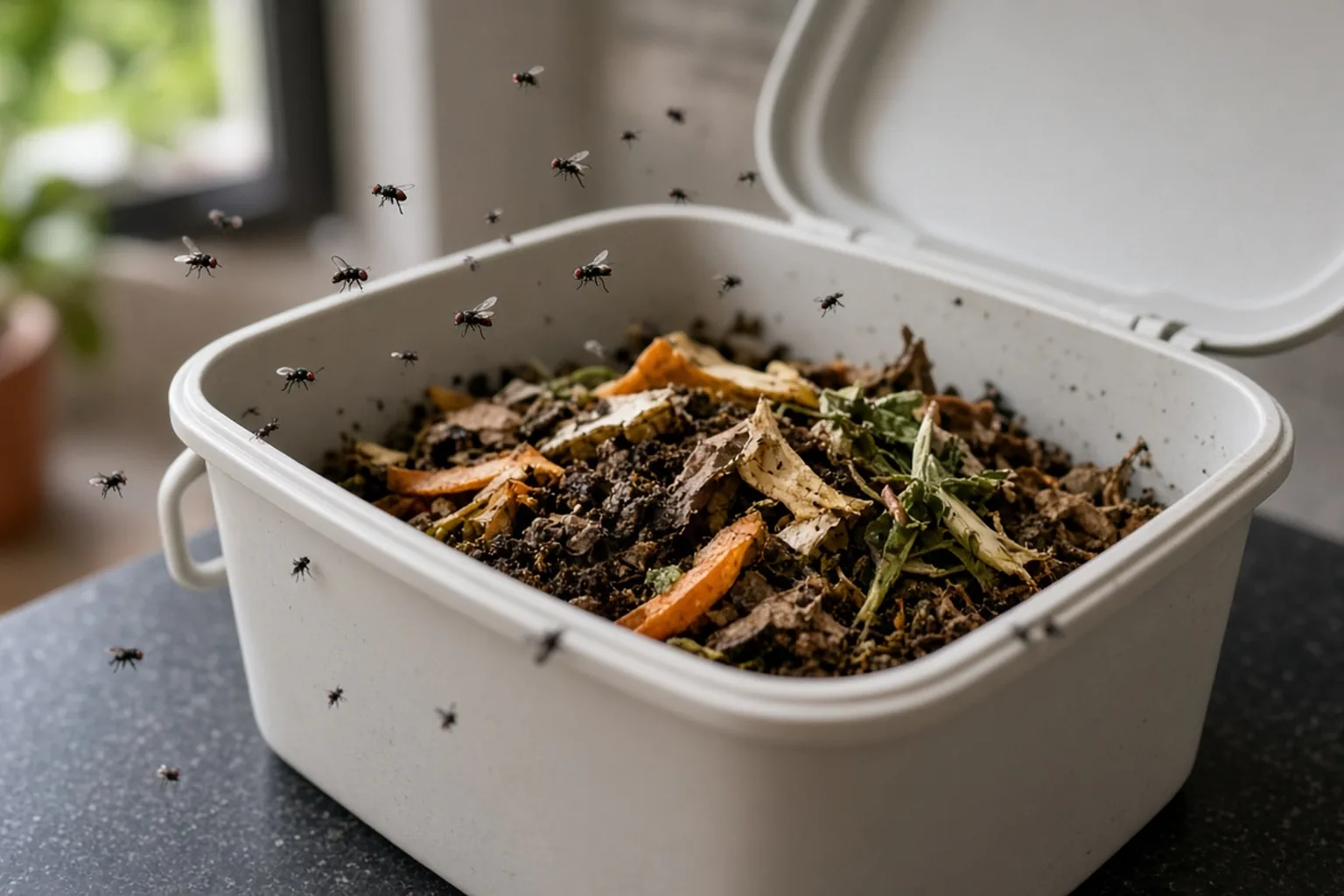 Fruit flies around an open compost caddy