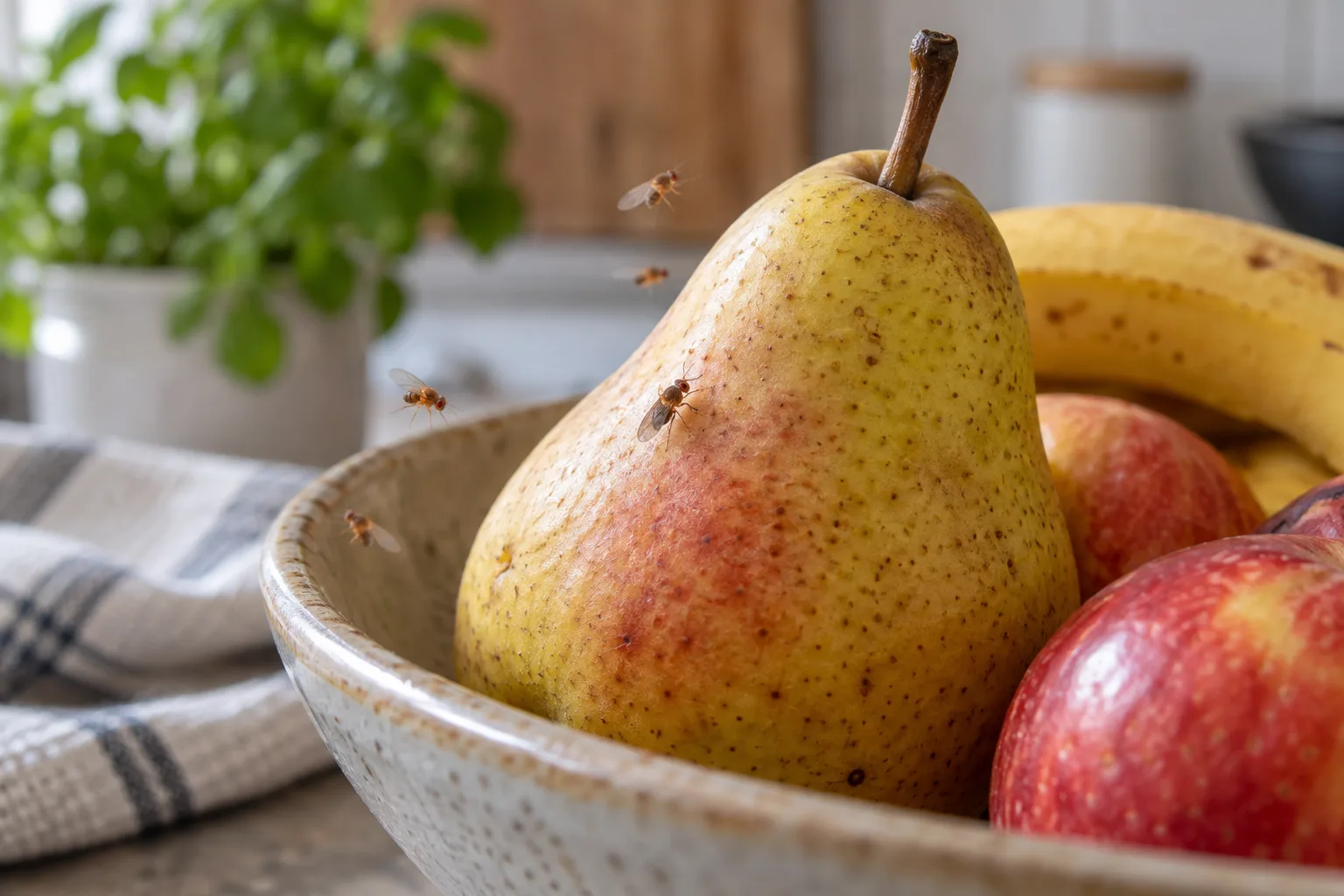 Fruit flies near a pear in a kitchen bowl