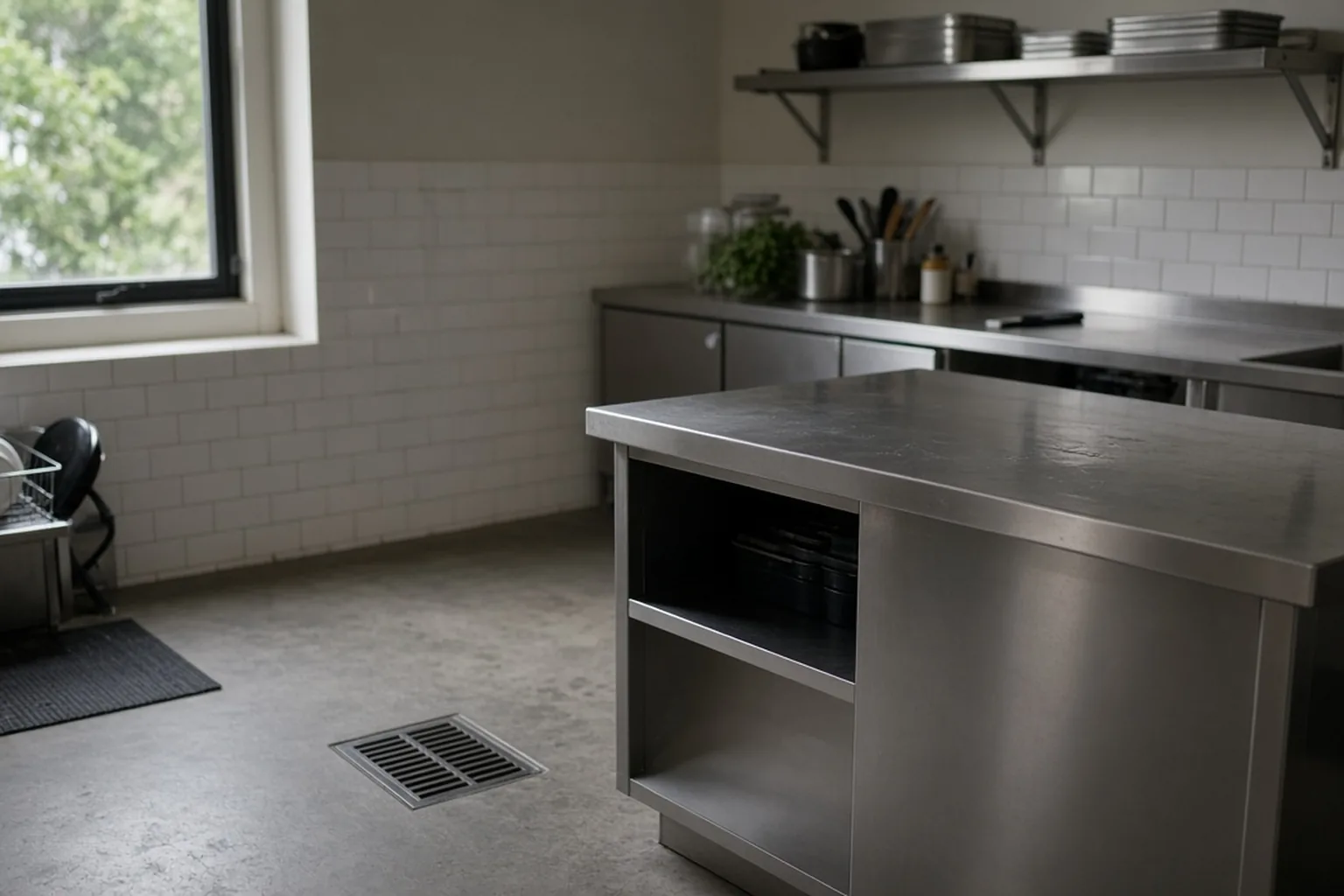 Unoccupied commercial kitchen prep counter, floor drain and shelf
